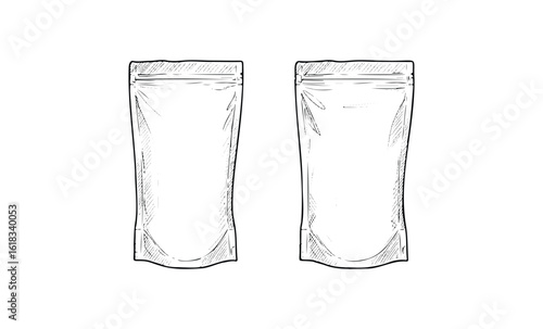 Hand-drawn sketch of two blank stand-up pouches in black and white. Vector retro hand drawn illustration