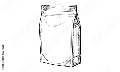 Plain sketch of blank coffee bag with sealed top and stand-up design. Vector retro hand drawn illustration