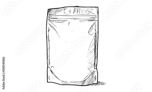 Sketch of a stand-up pouch with zip lock closure for food packaging concept. Vector retro hand drawn illustration