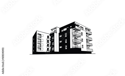 Modern apartment building sketch with balconies on multiple levels. Vector retro hand drawn illustration