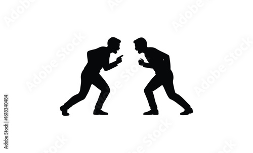 Silhouette of two adult males in intense argument on white background. Vector retro hand drawn illustration