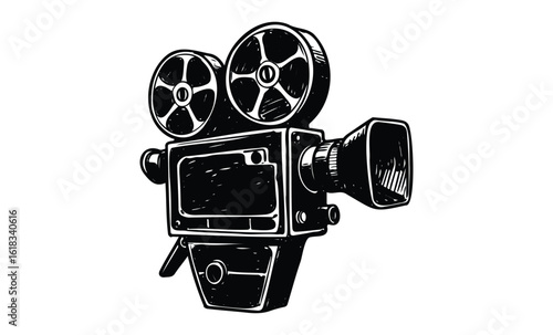 Vintage film camera illustration with classic rotating reels in black and white design. Vector retro hand drawn illustration