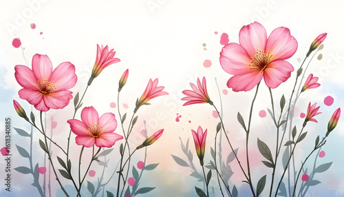 Pink Flowers Watercolor Painting with Buds and Stems