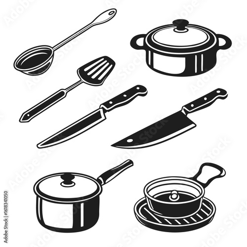 Vector art of a collection of kitchen utensils and cookware, including pots, pans, knives, and spoons