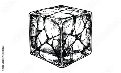 Detailed hand-drawn ice cube illustration with cracks and texture on white background. Vector retro hand drawn illustration
