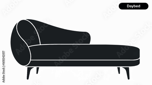 Minimalist black and white icon of a daybed with a rounded backrest