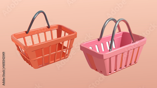 Two colorful shopping baskets on a peach background
