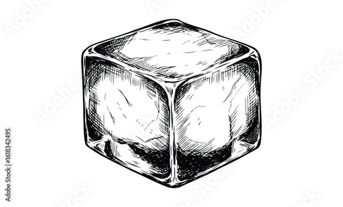 Hand-drawn ice cube with detailed shading on white background. Vector retro hand drawn illustration