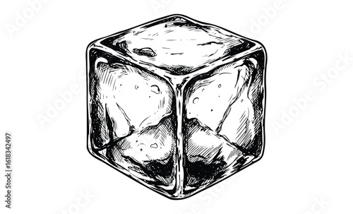 Detailed hand-drawn ice cube illustration with sketch lines. Vector retro hand drawn illustration