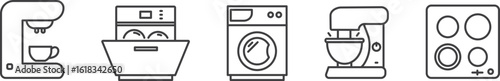 Kitchen appliances line icons set isolated on transparent background. Collection of kitchen appliances linear icons as dish washer, cooker, washing machine, coffee maker, dough mixer. Editable Stroke.