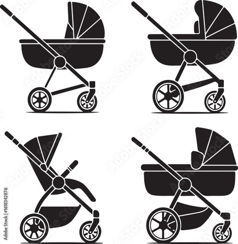 Modern Baby Gear Silhouettes – Bassinet Stroller, Travel System, Canopy, Stroller with Shopping Basket, Handlebar, and Wheel Detail