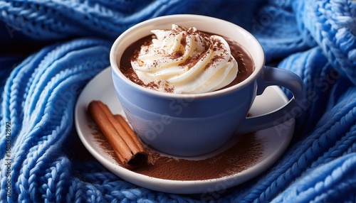 cozy hot chocolate with whipped cream and cocoa on blue knit blanket