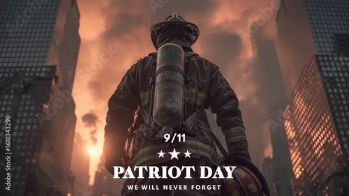 Heroic firefighter stands against fiery backdrop, symbolizing resilience and remembrance