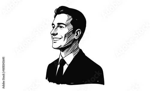 Smiling young caucasian male in formal suit sketch on white background. Vector retro hand drawn illustration