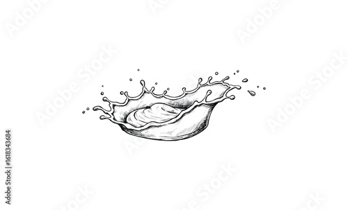 Hand-drawn splash of liquid in mid-air with ripples and droplets. Vector retro hand drawn illustration