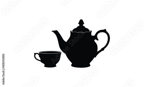 Silhouette of a vintage teapot and cup on white background. Vector retro hand drawn illustration