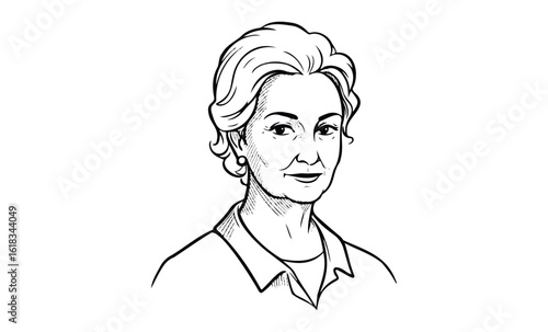 Black and white sketch of mature caucasian woman with short hair. Vector retro hand drawn illustration