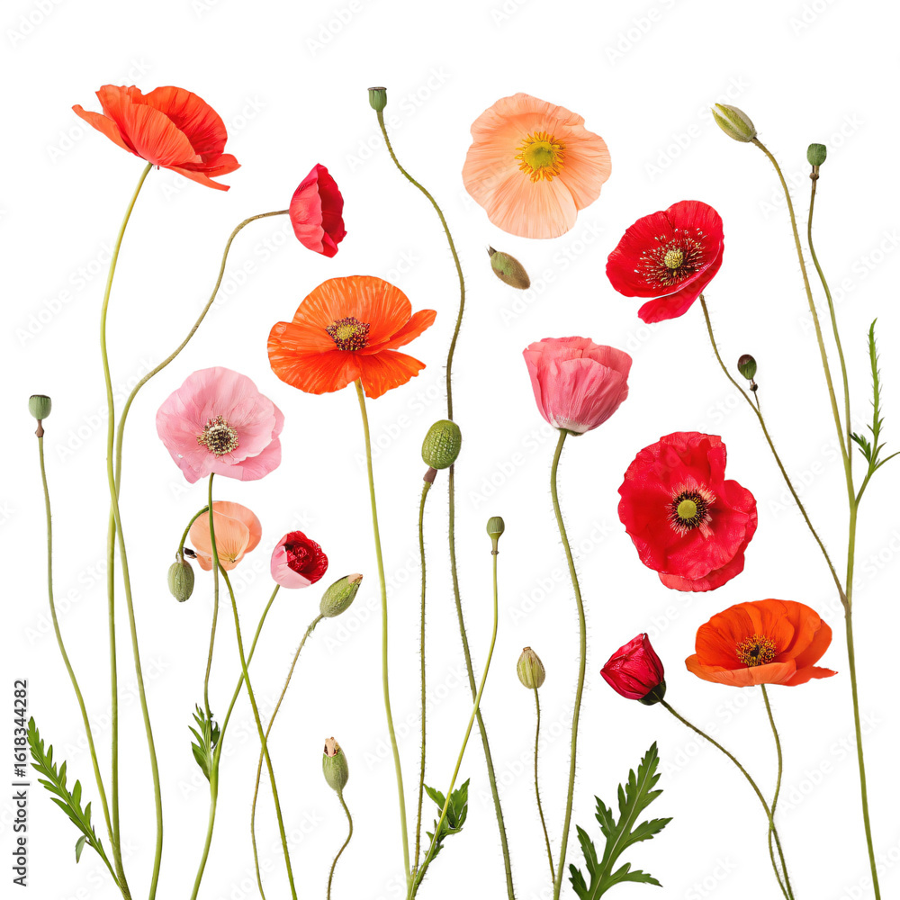 Naklejka premium Vibrant Poppy Flowers Red Orange Pink Blooms Botanical Illustration Floral Arrangement Nature Photography Isolated On Transparent Background