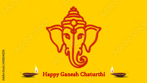 Vector art of a festive ganesha chaturthi celebration with traditional diya lamps