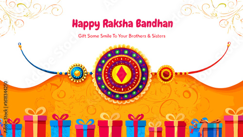 Vector art of a festive illustration of happy raksha bandhan with gifts and rakhi