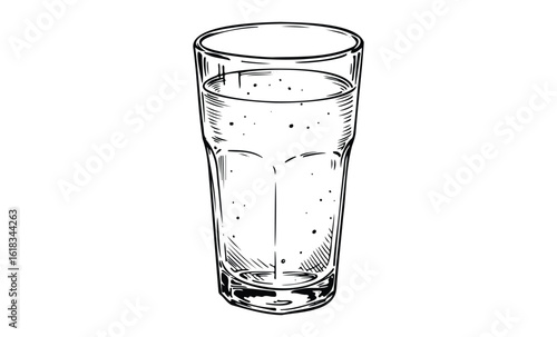 Hand-drawn sketch of a transparent tall water glass with bubbles. Vector retro hand drawn illustration
