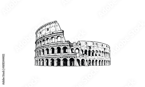 Detailed black and white illustration of the iconic roman colosseum. Vector retro hand drawn illustration