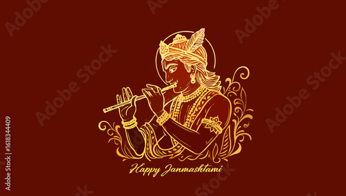 Vector art of the golden illustration depicts lord krishna playing the flute for janmashtami