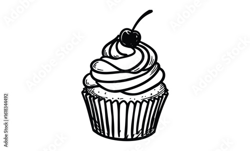 Black and white cupcake illustration with cherry on top. Vector retro hand drawn illustration