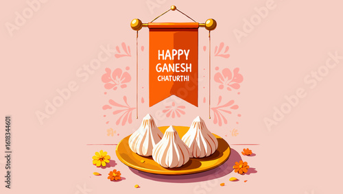 Vector art of happy ganesh chaturthi festival with modak sweets and flowers