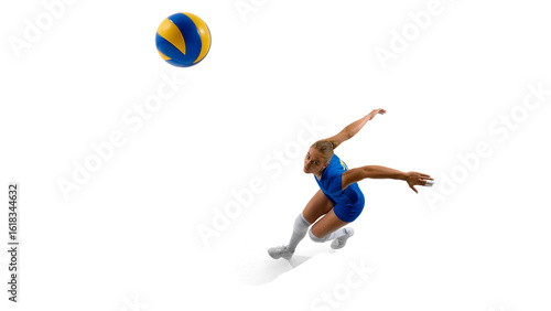 Female volleyball player in blue outfit jumping to hit ball. Concept of explosive agility, jump serve, motion capture storytelling, and physical culture awareness.