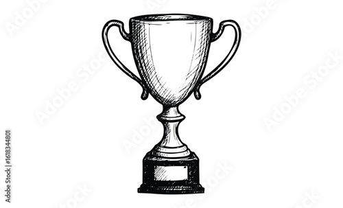 Hand-drawn trophy cup sketch with handles and base in black and white. Vector retro hand drawn illustration