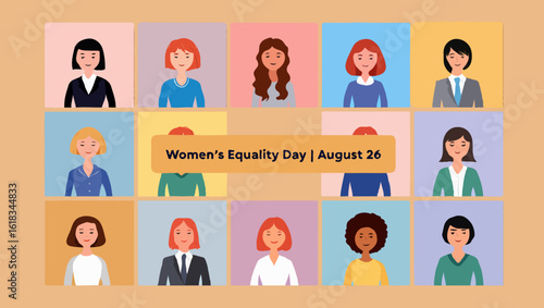 Illustration of womens equality day with diverse female portraits