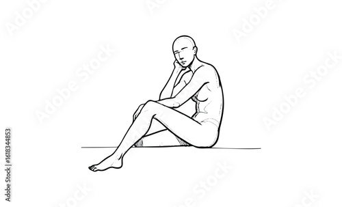 Sketch of seated human figure with neutral expression. Vector retro hand drawn illustration