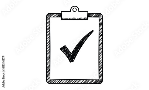 Hand-drawn checklist icon with checkmark on clipboard. Vector retro hand drawn illustration