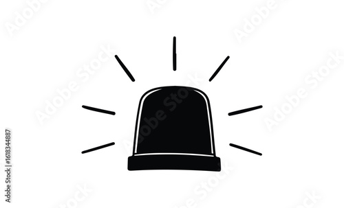 Black and white emergency siren icon with radiating lines. Vector retro hand drawn illustration