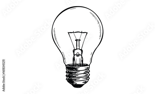 Intricate hand-drawn light bulb sketch with detailed filament design. Vector retro hand drawn illustration