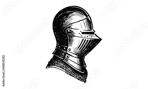 Intricate medieval knight helmet illustration with chainmail detailing. Vector retro hand drawn illustration