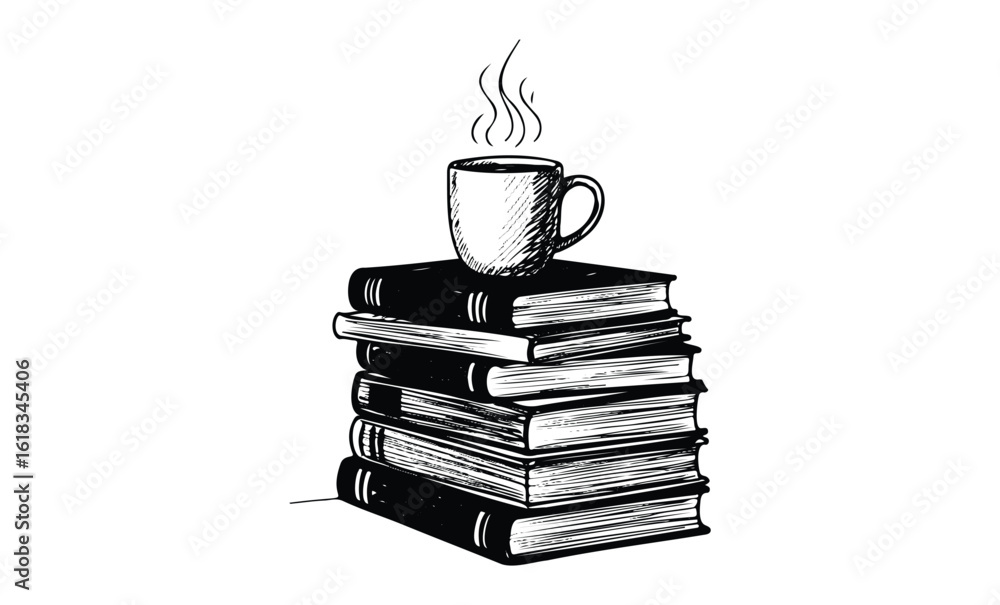 Naklejka premium Stack of books with a cup of hot beverage on top – black and white sketch. Vector retro hand drawn illustration