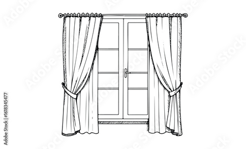 Black and white sketch of a window with curtains in classic style. Vector retro hand drawn illustration