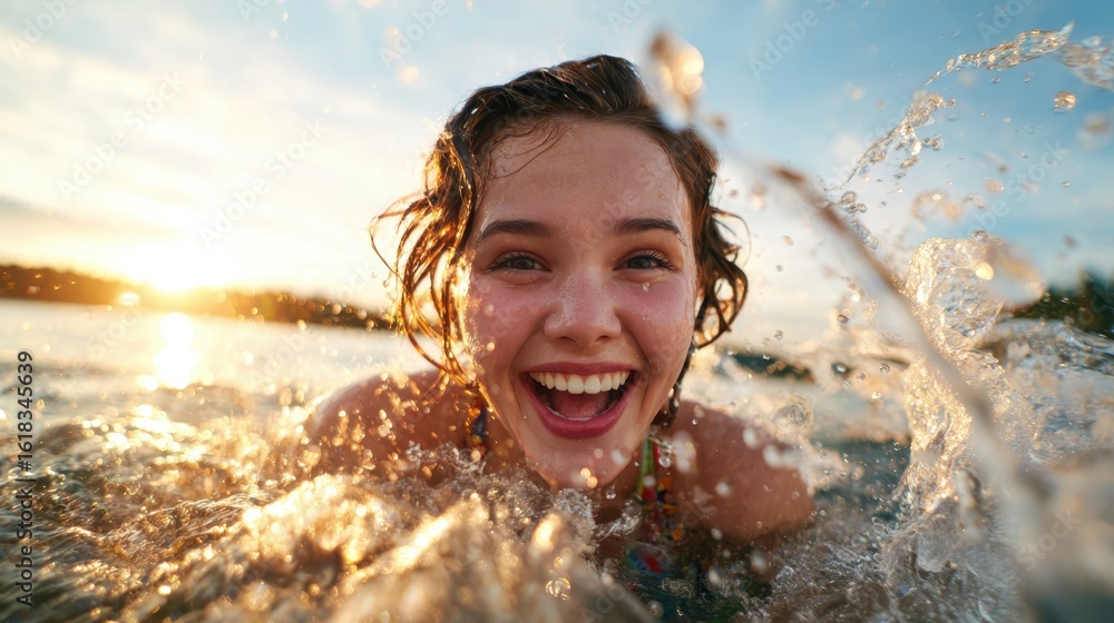 Obraz premium A happy young girl swims joyfully in water during sunset, capturing the essence of carefree summer days filled with joy, sunshine, and immersion in nature's beauty.