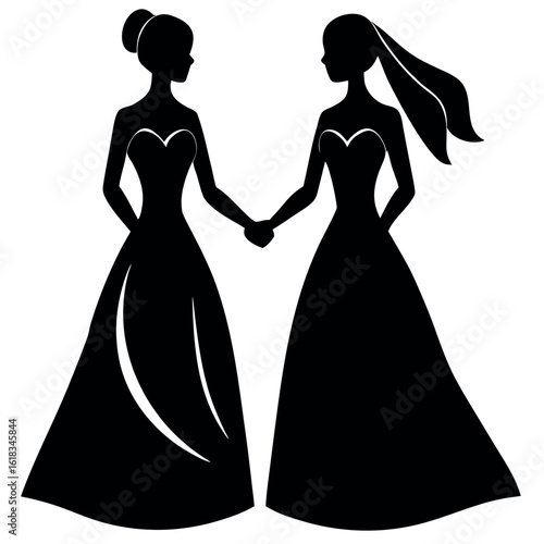 Two brides holding hands in silhouette on wedding day