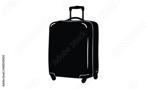 Black rolling suitcase silhouette on white background: travel icon representation. Vector retro hand drawn illustration