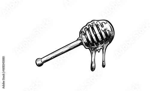 Dripping honey dipper illustration with honey falling. Vector retro hand drawn illustration