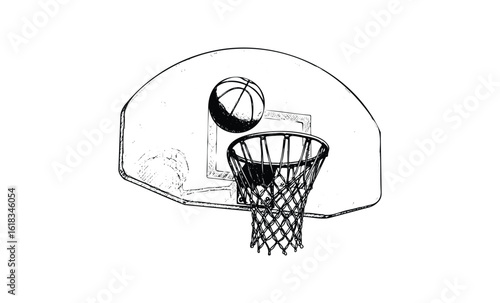Basketball hoop and ball sketch in motion with minimalist black and white design. Vector retro hand drawn illustration