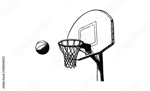 Monochrome basketball hoop and ball illustration with net detail. Vector retro hand drawn illustration