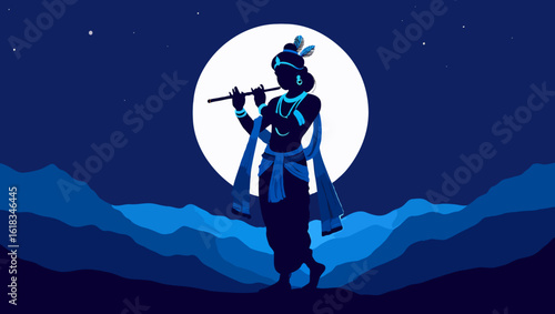 Vector art of krishna plays the flute under the moonlight in a serene landscape