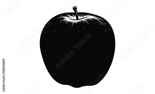 Black and white apple silhouette illustration on white background. Vector retro hand drawn illustration