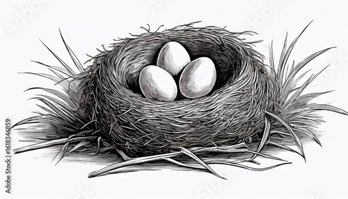a vintage line art style illustration of a chicken nest is presented in a black and white outline engraving with a scratch board imitation on a white background