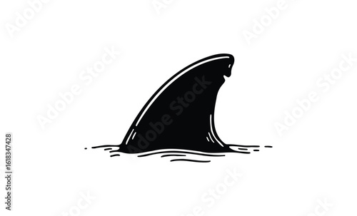 Minimalist shark fin design in black and white. Vector retro hand drawn illustration