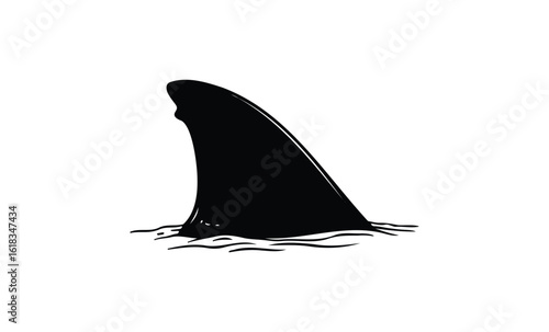 Black silhouette of shark fin emerging from water surface. Vector retro hand drawn illustration